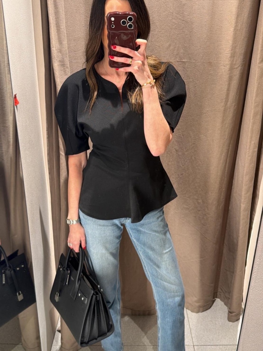 Zara Black Structured Sleeve Peplum Top